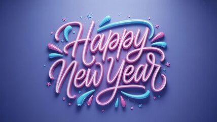 Colorful Happy New Year Text with Decorative on Purple Background pink blue