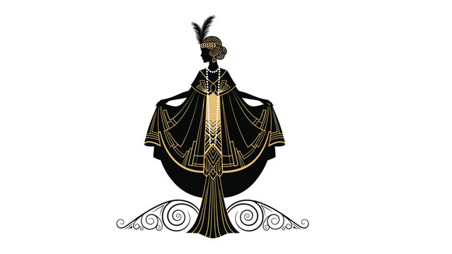 Elegant Art Deco illustration of a 1920s flapper woman in a black and gold gown with a feather headband and pearls.