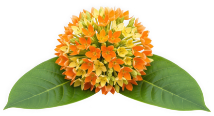 Orange and yellow flower cluster with green leaves isolated on transparent background