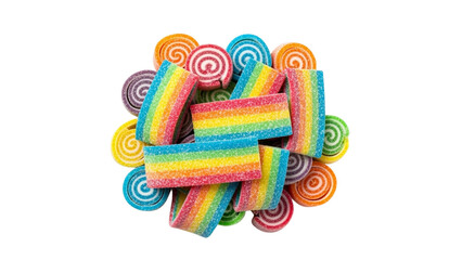 Assorted colorful sweet treats, including rainbow-layered rectangular candies and swirled candy rolls. Top-down view against a black background