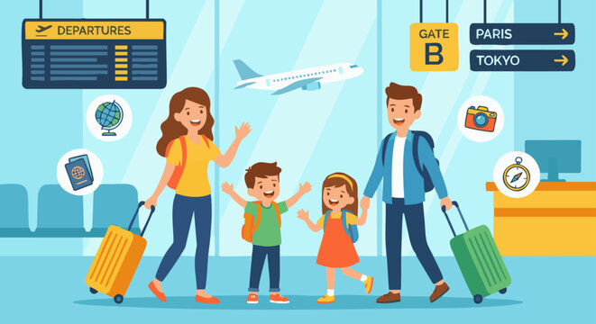 A happy family travel scene illustrated in vector style. Parents and children standing with suitcases at an airport or train station, travel signs in the background. Clean flat design, bright colors, 