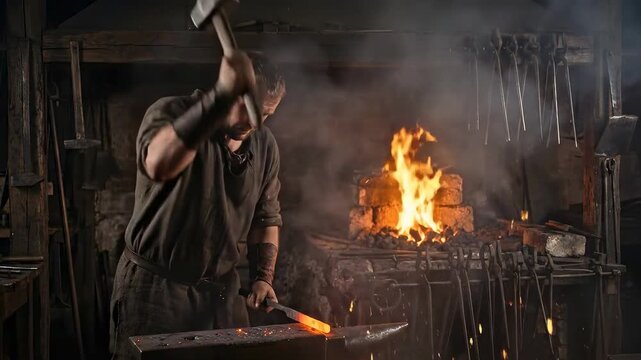 A blacksmith is working in his forge, hammering a piece of hot metal on an anvil. Sparks fly as he strikes the metal, with a fiery furnace visible in the background.