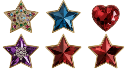 A vibrant array of sparkling jewel-toned star and heart shapes, meticulously crafted with faceted gemstones and elegant gold frames, creating a luxurious decorative ensemble