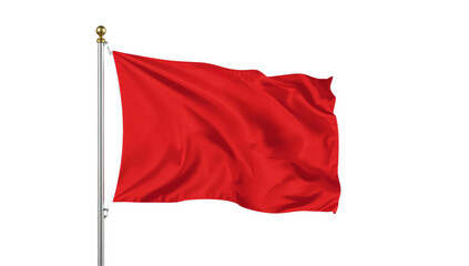 Vibrant red flag digitally illustrated, confidently waving on a metallic flagpole against a clear white background, symbolizing alert or warning