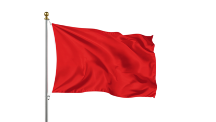 Vibrant red flag digitally illustrated, confidently waving on a metallic flagpole against a clear white background, symbolizing alert or warning