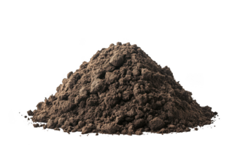 Pile of dark brown soil or dirt heap with rough texture isolated on transparent background