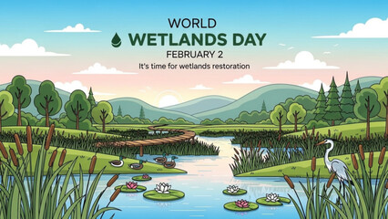 Wetlands Restoration Landscape with Water Lilies and Herons on World Wetlands Day February 2