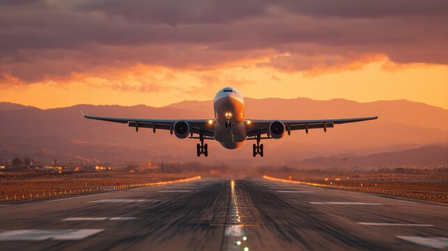 Traffic at airport at golden sunset. Wide shot of passenger airplane taking off from runway.