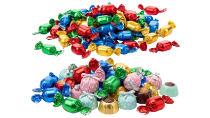 Colorful assortment of wrapped candies in various hues, some with dotted or flower-like wrappers