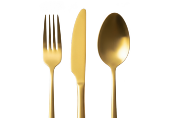 Luxury gold colored fork, knife, and spoon cutlery set on elegant table setting isolated on transparent background