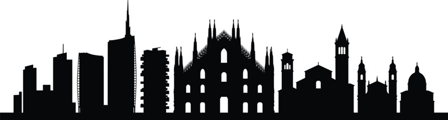 Obraz premium Milan Italy city skyline silhouette vector illustration, urban landscape with Duomo cathedral and Unicredit Tower, black and white design graphic