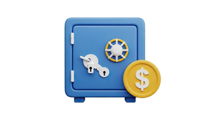 Blue 3D Safe with Key and Dollar Coin