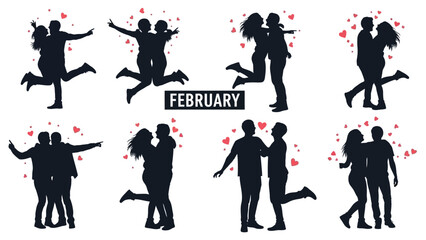 Obraz premium Couple silhouettes dancing together with hearts for valentine's day