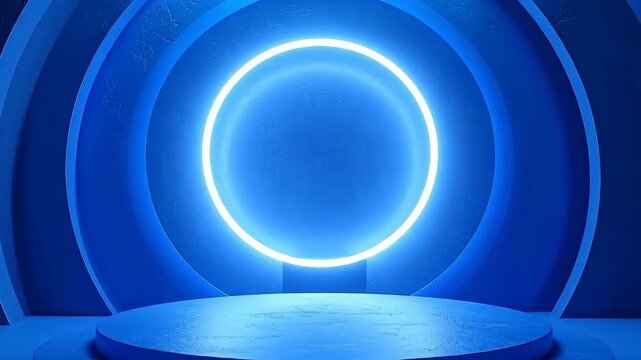 Abstract blue studio background with circular neon light and podium stage.