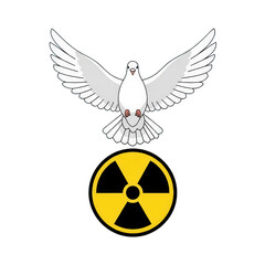 Peaceful white dove flying over nuclear radiation symbol on black