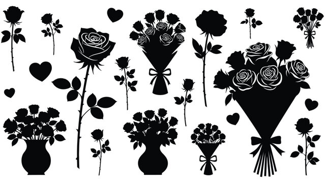 Black rose bouquet and vase silhouette collection for design