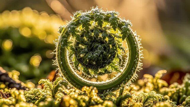 Fiddlehead Fern Growing in Mossy Forest Floor.