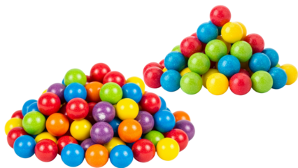 Two colorful stacks of round, shiny candy balls arranged in pyramid shapes against a pure black background. A mix of bright, vibrant hues