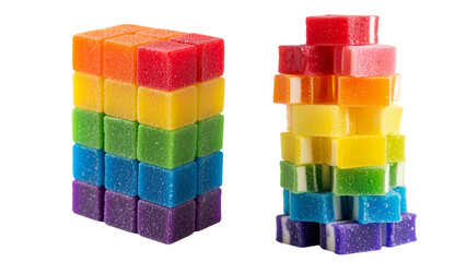 Two stacks of colorful, square-shaped candies arranged in a rainbow spectrum against a transparent background. Each block displays vibrant hues