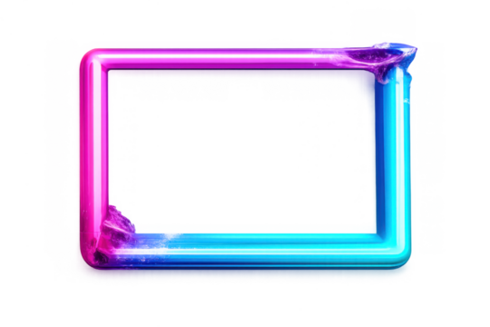 Neon frame glowing with pink and blue gradient light, creating a futuristic rectangular border on transparent background - Powered by Adobe