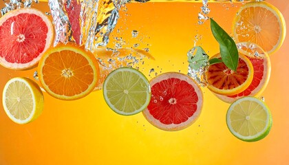 Sliced citrus fruit splashing in water against a bright orange background