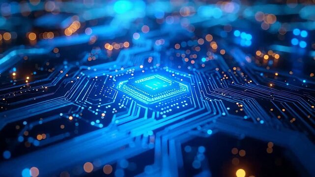 Close-up of a glowing blue computer circuit board with golden bokeh lights.