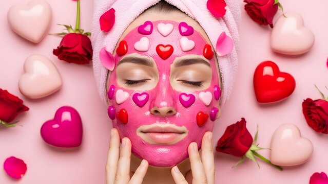 Woman with pink heart shaped face mask and roses on valentines day isolated on pink background