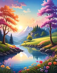 Serene landscape with river, trees, mountains, and colorful blooms