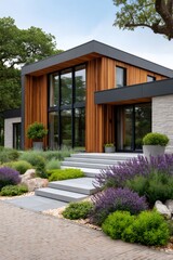 Modern luxury home with landscaped garden and steps