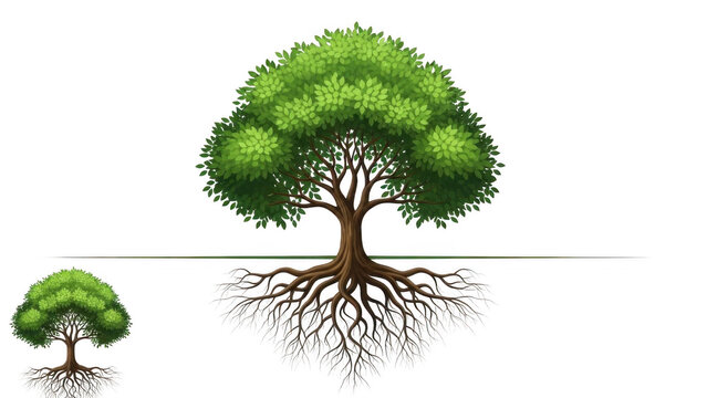 Illustration of a lush green tree with extensive roots