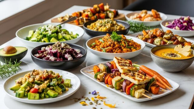 Abundant spread of fresh, healthy, and colorful vegetarian dishes for a delightful meal.