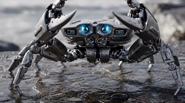 Robotic metal crab moves on rocky shore near ocean waves crashing in the background video