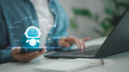 AI chatbot for multilingual communication displayed with various global languages on a virtual...