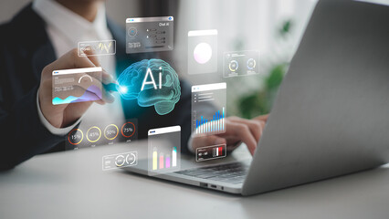 Businessman using AI technology for data analytics and digital transformation, showing futuristic virtual dashboard interface with charts, graphs, and artificial intelligence icons.