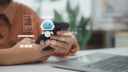 Close-up of woman's hand using smartphone with AI Agent, chatbot application. Concept of virtual assistant, generative AI, customer service, and futuristic technology interface.