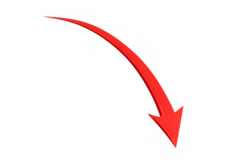 Red curved arrow indicating downward trend, market crash, crisis, decline, decrease, or financial loss concept