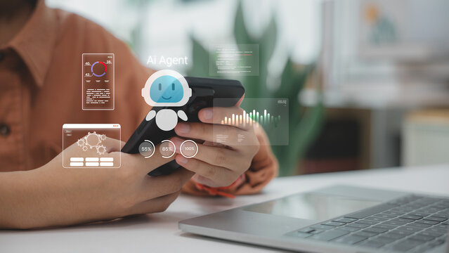 Close-up of woman's hand using smartphone with AI Agent, chatbot application. Concept of virtual assistant, generative AI, customer service, and futuristic technology interface. - Powered by Adobe