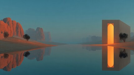 Desert landscape with a reflective lake and an illuminated structure