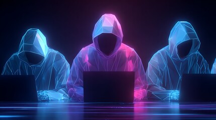 Group of Hackers in Hoodies with Glowing Neon Wireframe Effects for Cyber Security and Hacking Concepts