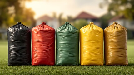 Row of garbage bags in various colors including red, green, gold, and black filled with waste sits on a green lawn with a blurred back.