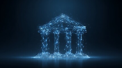 Futuristic Digital Banking Concept with Blue Wireframe Bank Building for Fintech and Online Financial Services