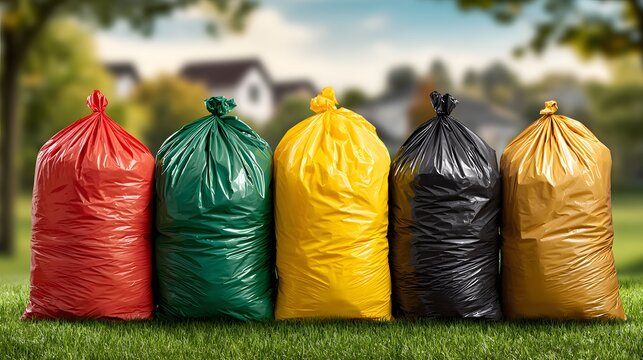 Row of garbage bags in various colors including red, green, gold, and black filled with waste sits on a green lawn with a blurred back.