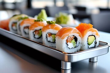 Salmon uramaki sushi rolls serving on metal platter