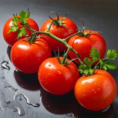 Six ripe tomatoes with sprigs, water droplets on glossy black surface