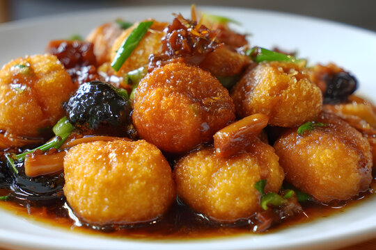 Delicious macro shot of a flavorful serving of Du Mian featuring crispy, sweet ingredients and rich sauce