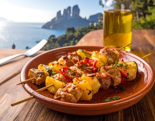 Skewers of meat and vegetables on a plate, scenic backdrop