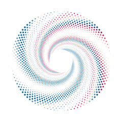 Abstract swirling pattern of red blue and white dots on a white background