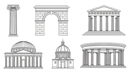 Set of Ancient Greek and Roman Architectural Elements with Columns and Buildings Keywords: greek architecture, roman architecture, column, pillar