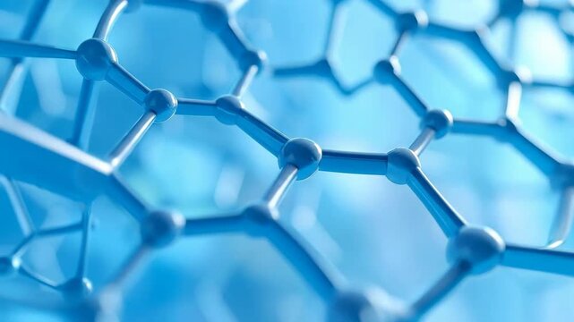 Abstract blue molecular structure with interconnected nodes and lines, symbolizing science and technology.