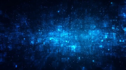 Abstract Digital Data Network Background with Glowing Blue Square Particles and Cyber Technology Concept